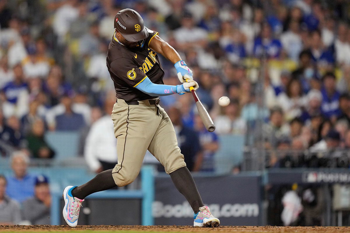 <i>Mark J. Terrill/AP via CNN Newsource</i><br/>San Diego Padres' Jackson Merrill his two-run home against the Los Angeles Dodgers.