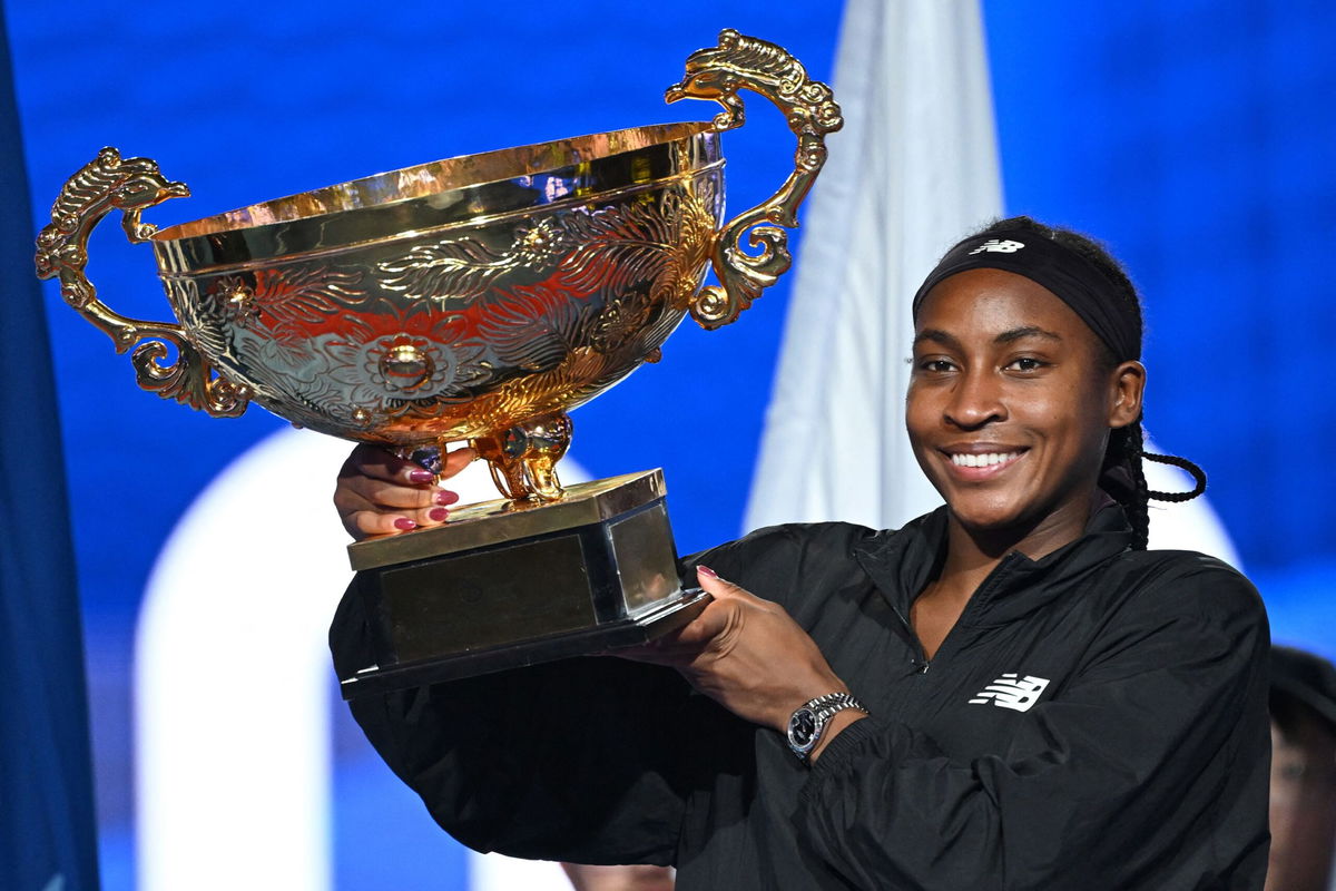 <i>Greg Baker/AFP/Getty Images via CNN Newsource</i><br/>USA's Coco Gauff celebrates with the trophy after winning the women's singles final match against Czech Republic's Karolina Muchova at the China Open.