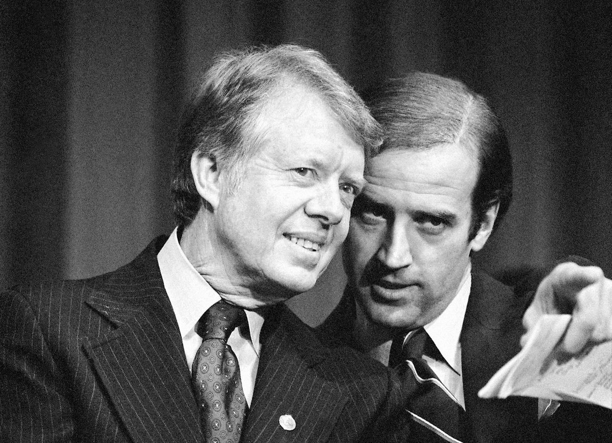 <i>Barry Thumma/AP via CNN Newsource</i><br/>Biden speaks with President Jimmy Carter at a fundraising event in Delaware in 1978.