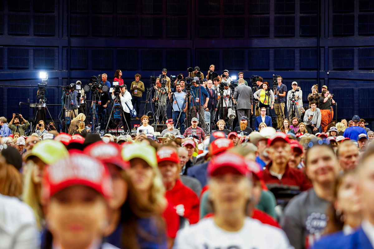 <i>Michael Ciaglo/Getty Images/File via CNN Newsource</i><br/>Members of the press stand at the back of a rally for former President Donald Trump in Bozeman