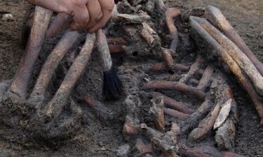 Archaeologists excavate skeletons in a pit at the Viking-age burial site in the village of Asum