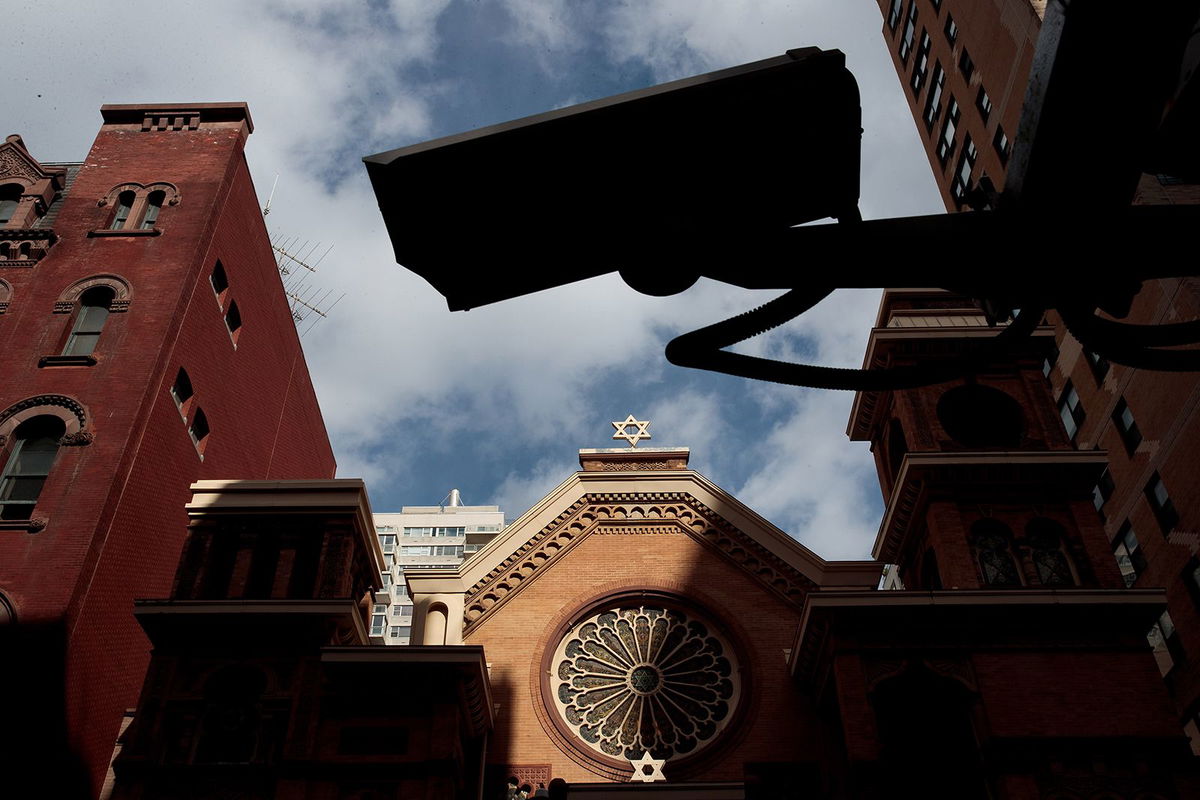 <i>Drew Angerer/Getty Images/File via CNN Newsource</i><br />A security camera hangs across the street from the Park East Synagogue