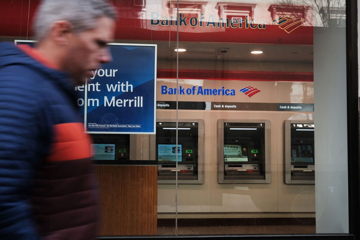 <i>Spencer Platt/Getty Images/File via CNN Newsource</i><br/>A Bank of America branch stands in Manhattan on March 15