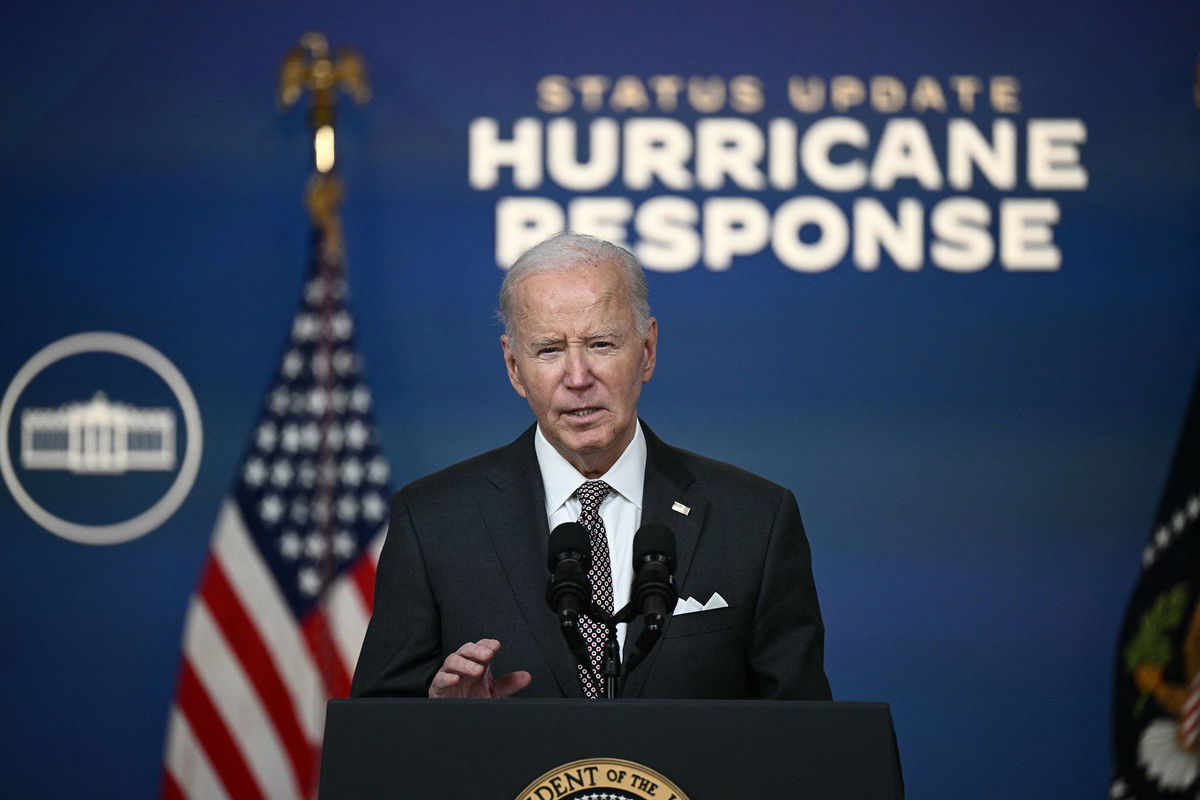 <i>Brendan Smialowski/AFP/Getty Images via CNN Newsource</i><br/>President Joe Biden speaks about the impact of Hurricane Milton in the Eisenhower Executive Office Building in Washington