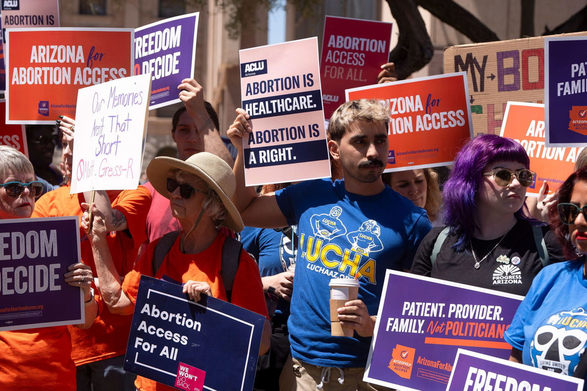 <i>Rebecca Noble/Getty Images via CNN Newsource</i><br/>Abortion rights supporters demonstrate in Phoenix during a recess from a legislative session at the Arizona House of Representatives on April 17.