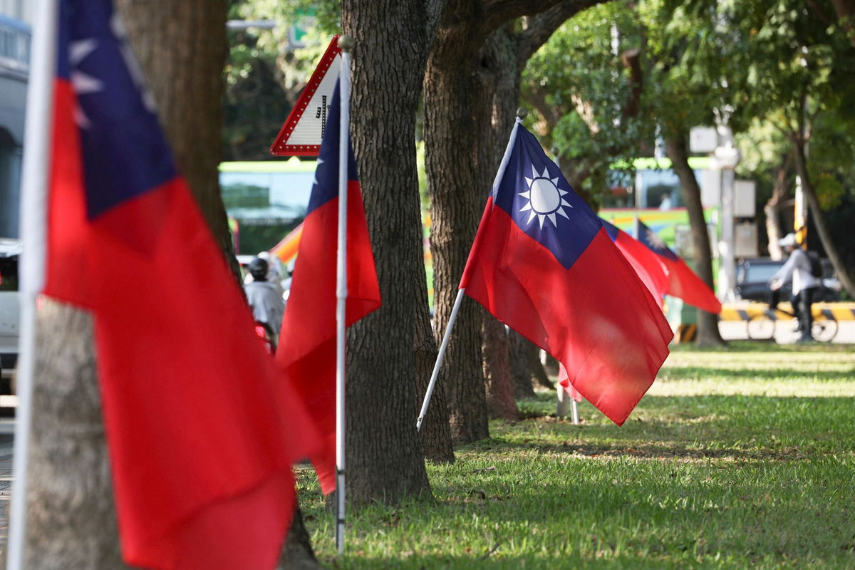 <i>I-Hwa Cheng/AFP/Getty Images via CNN Newsource</i><br/>National flags of Taiwan are seen on a street in the city of Hsinchu on October 14.