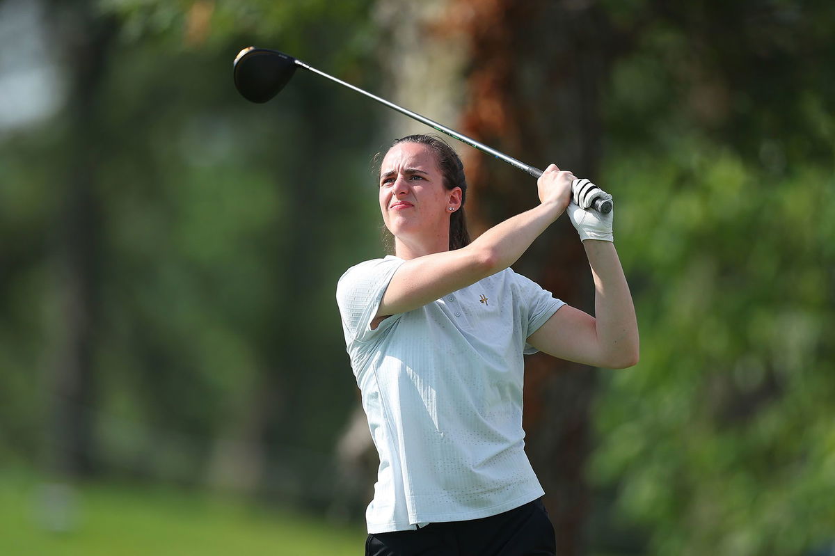 <i>Michael Reaves/Getty Images via CNN Newsource</i><br/>Clark plays a shot during the Pro-Am prior to the John Deere Classic at TPC Deere Run in July 2023. 2024 WNBA Rookie of the Year Caitlin Clark is set to compete in a Pro-Am golf event in November.