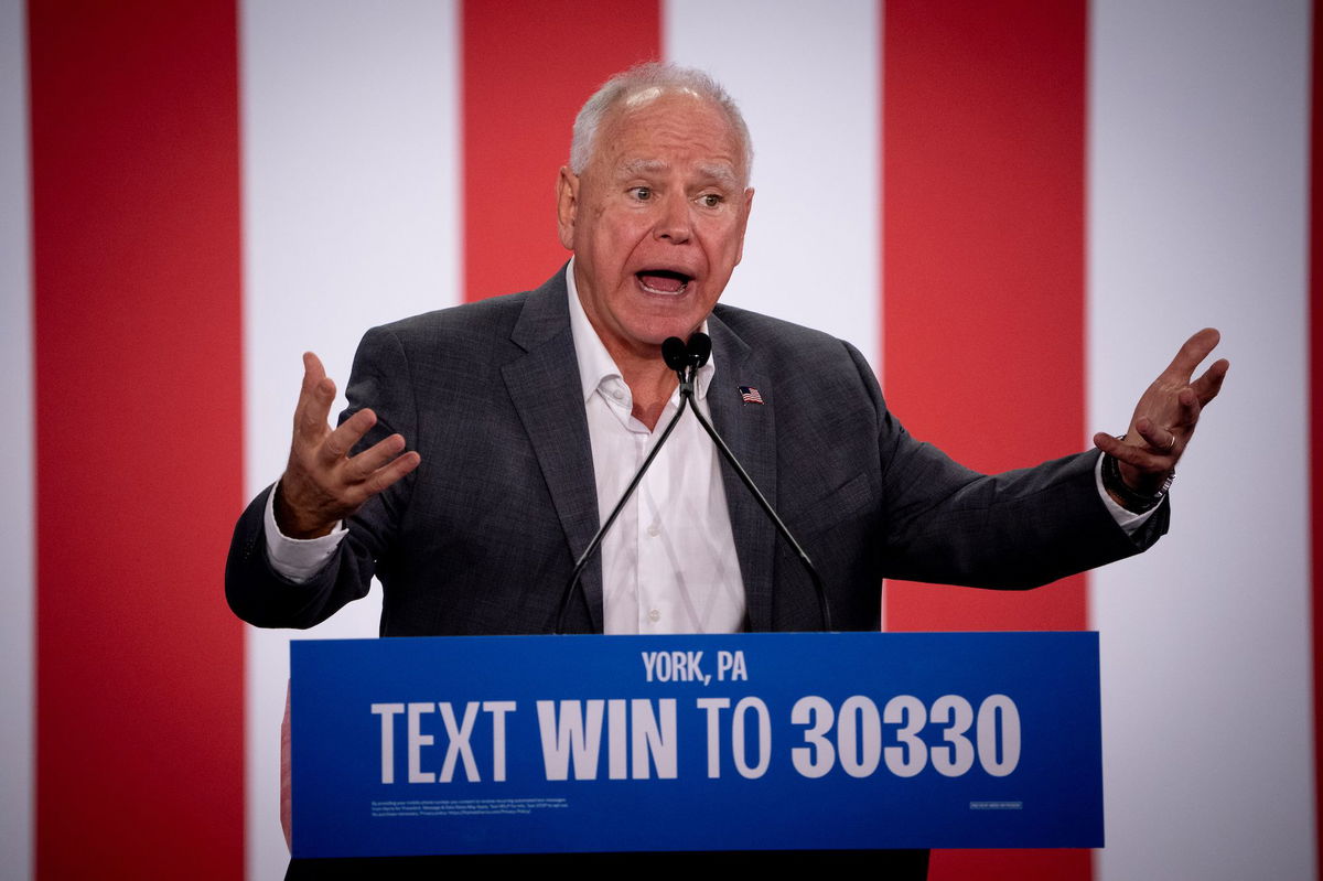 <i>Andrew Harnik/Getty Images/File via CNN Newsource</i><br/>Democratic vice presidential candidate Minnesota Gov. Tim Walz speaks at a rally at York Exposition Center UPMC Arena on October 2 in York