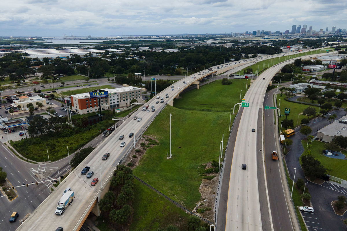 <i>Julio Cortez/AP via CNN Newsource</i><br/>Traffic flows east Tuesday along Interstate 4 as residents continue to follow evacuation orders ahead of Hurricane Milton.