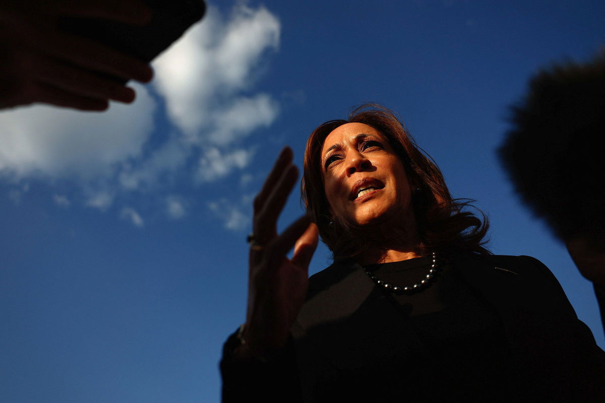 <i>Evelyn Hockstein/Reuters via CNN Newsource</i><br/>Vice President Kamala Harris speaks to the media before departing for New York at Joint Base Andrews