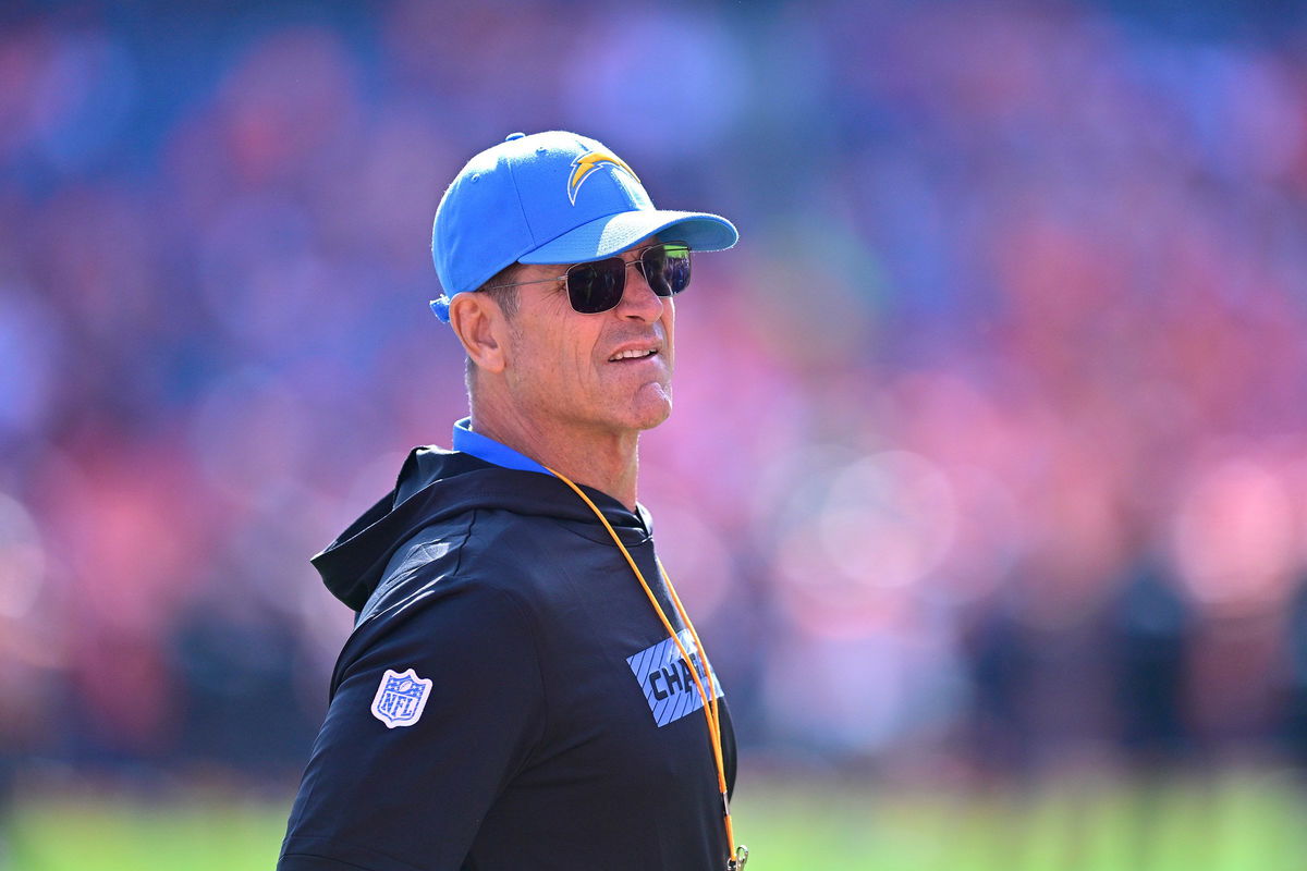 <i>Dustin Bradford/Getty Images via CNN Newsource</i><br/>Jim Harbaugh looks on prior to the Los Angeles Chargers' game against the Denver Broncos in Denver