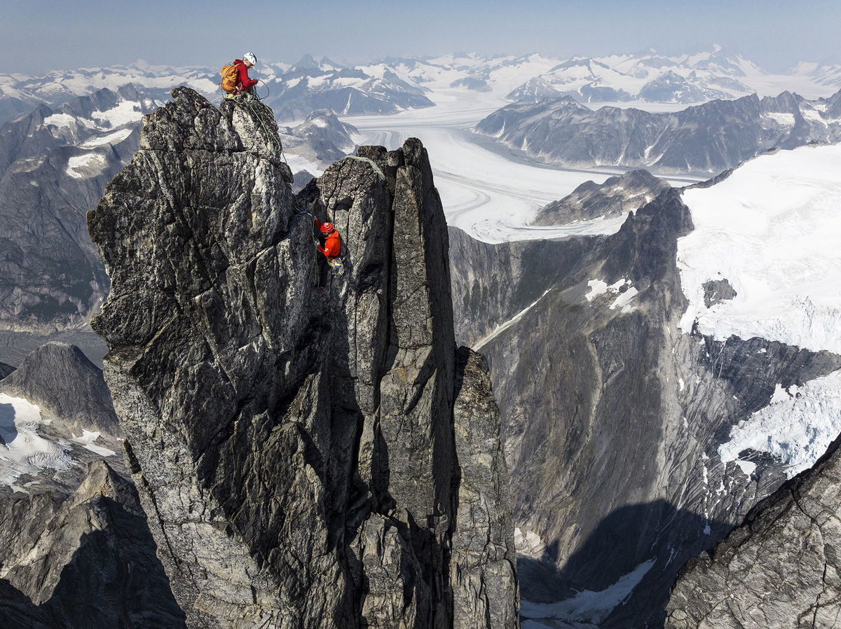 <i>Taylor Shaffer/National Geographic via CNN Newsource</i><br/>Tommy Caldwell climbing above Lake Louise in Banff National Park in Canada.