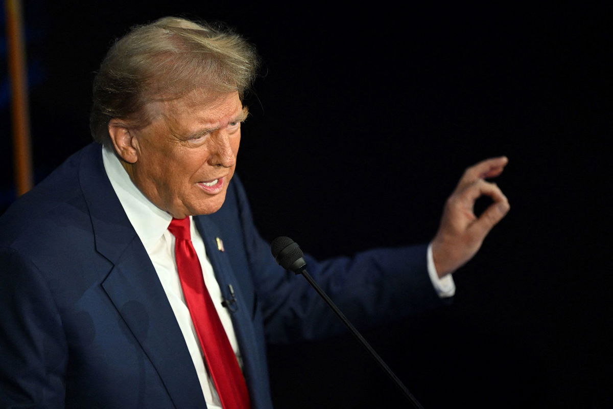 <i>Saul Loeb/AFP/Getty Images via CNN Newsource</i><br/>Former US President and Republican presidential candidate Donald Trump speaks during a presidential debate with US Vice President and Democratic presidential candidate Kamala Harris at the National Constitution Center in Philadelphia