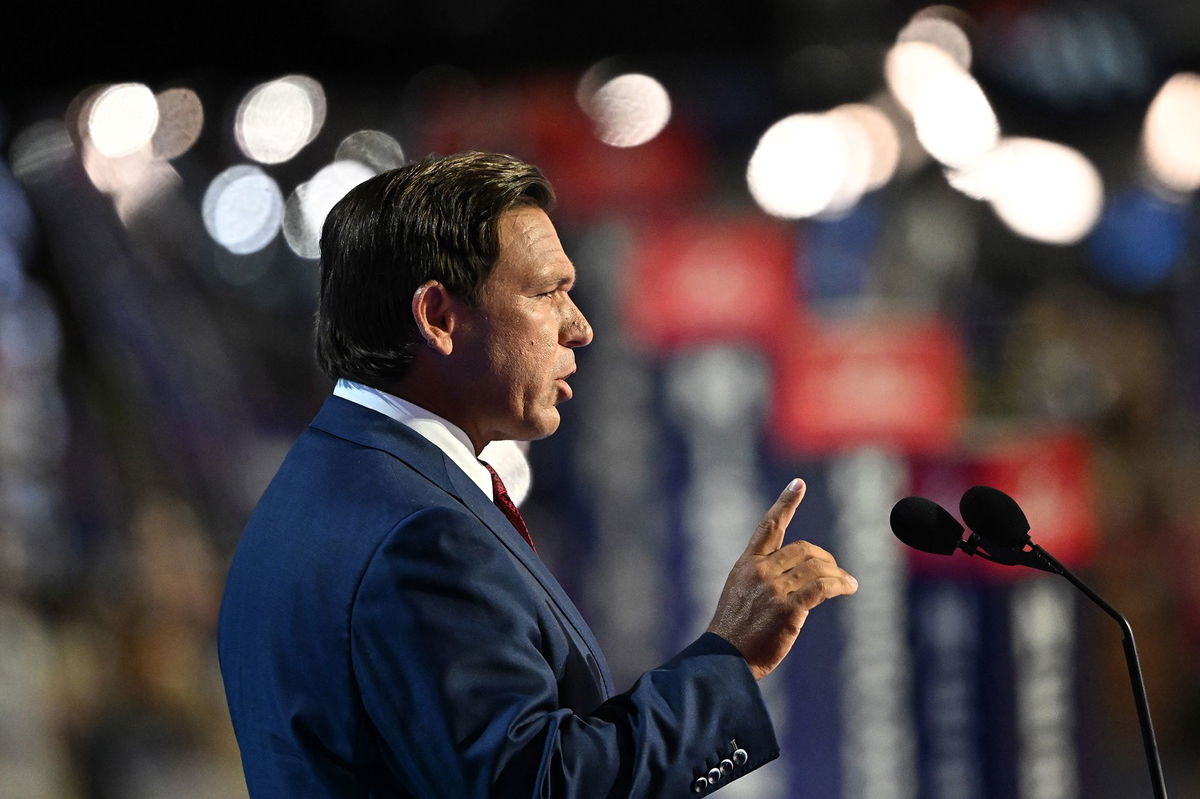 <i>Leon Neal/Getty Images via CNN Newsource</i><br/>Florida Gov. Ron DeSantis speaks at the Republican National Convention on July 16 in Milwaukee