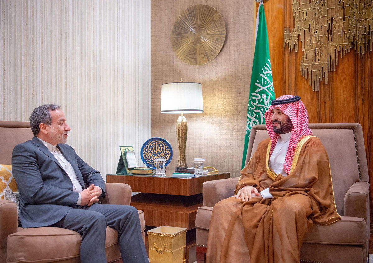 <i>Bandar Algaloud/Saudi Royal Court/Anadolu/Getty Images via CNN Newsource</i><br/>Saudi Crown Prince Mohammed bin Salman (right) meets Iranian Foreign Minister Abbas Araghchi in Riyadh