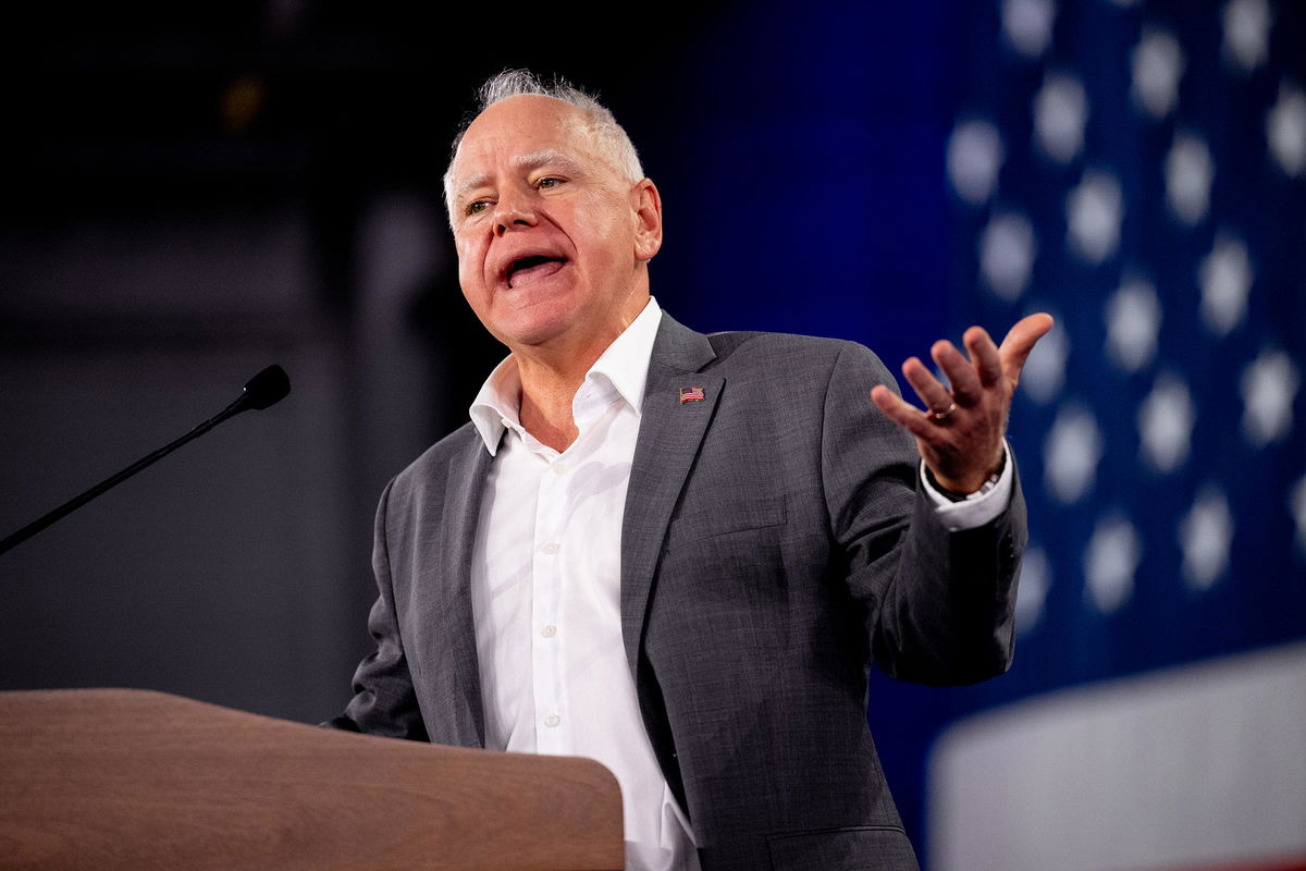 <i>Andrew Harnik/Getty Images via CNN Newsource</i><br/>Minnesota Gov. Tim Walz speaks at a rally at York Exposition Center UPMC Arena on October 2 in York