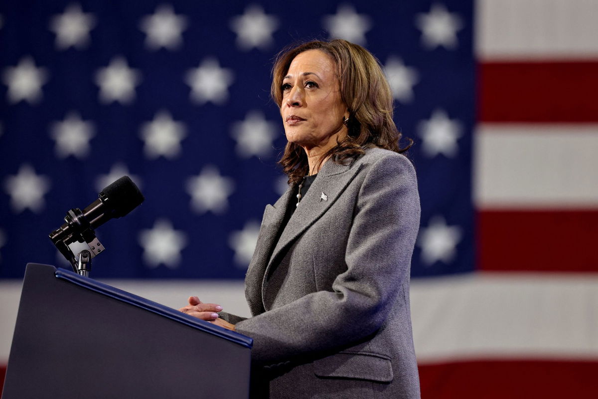 <i>Dustin Chambers/Reuters via CNN Newsource</i><br/>Democratic presidential nominee and US Vice President Kamala Harris speaks during a campaign event in Atlanta