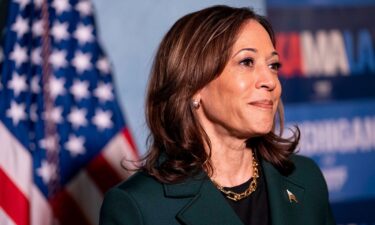 Vice President Kamala Harris answers questions from the press before a town hall with former Rep. Liz Cheney at the Royal Oak Music Theatre on October 21