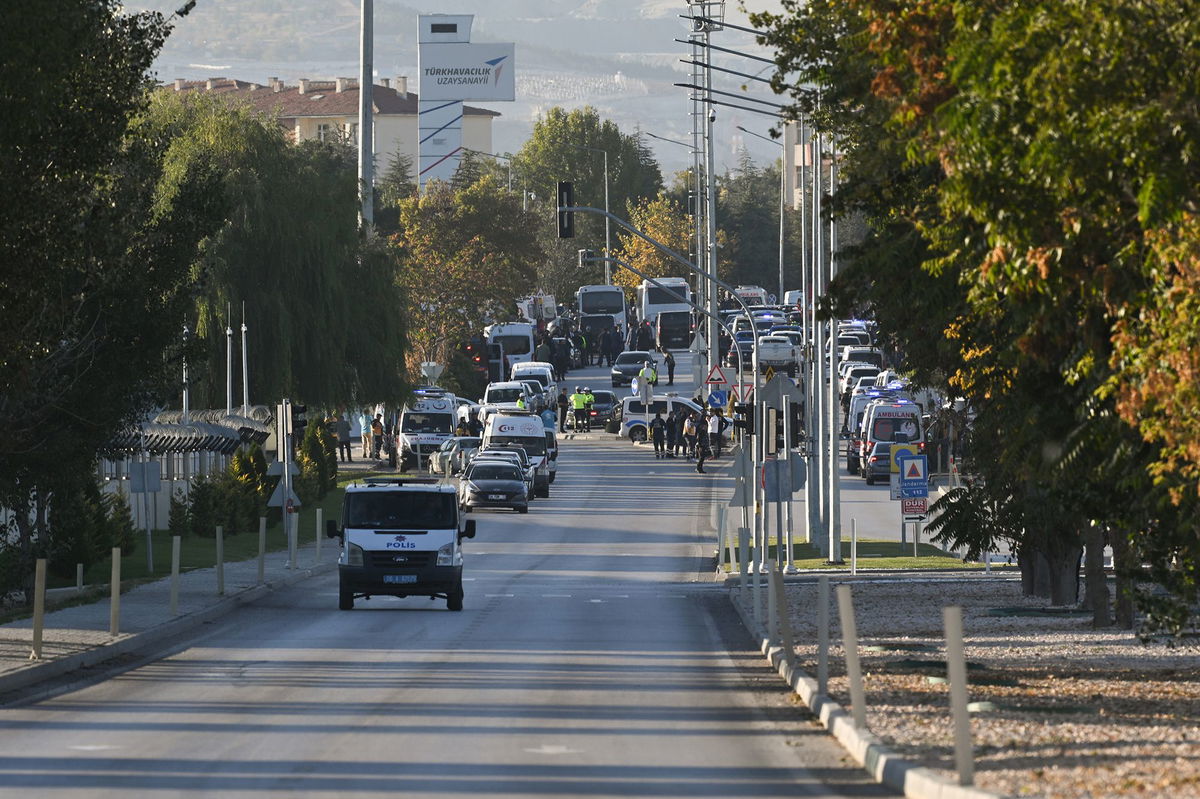 <i>Muhammed Abdullah Kurtar/Anadolu/Getty Images via CNN Newsource</i><br />Emergency services respond to the attack at the Turkish Aerospace Industries in Ankara on Wednesday.