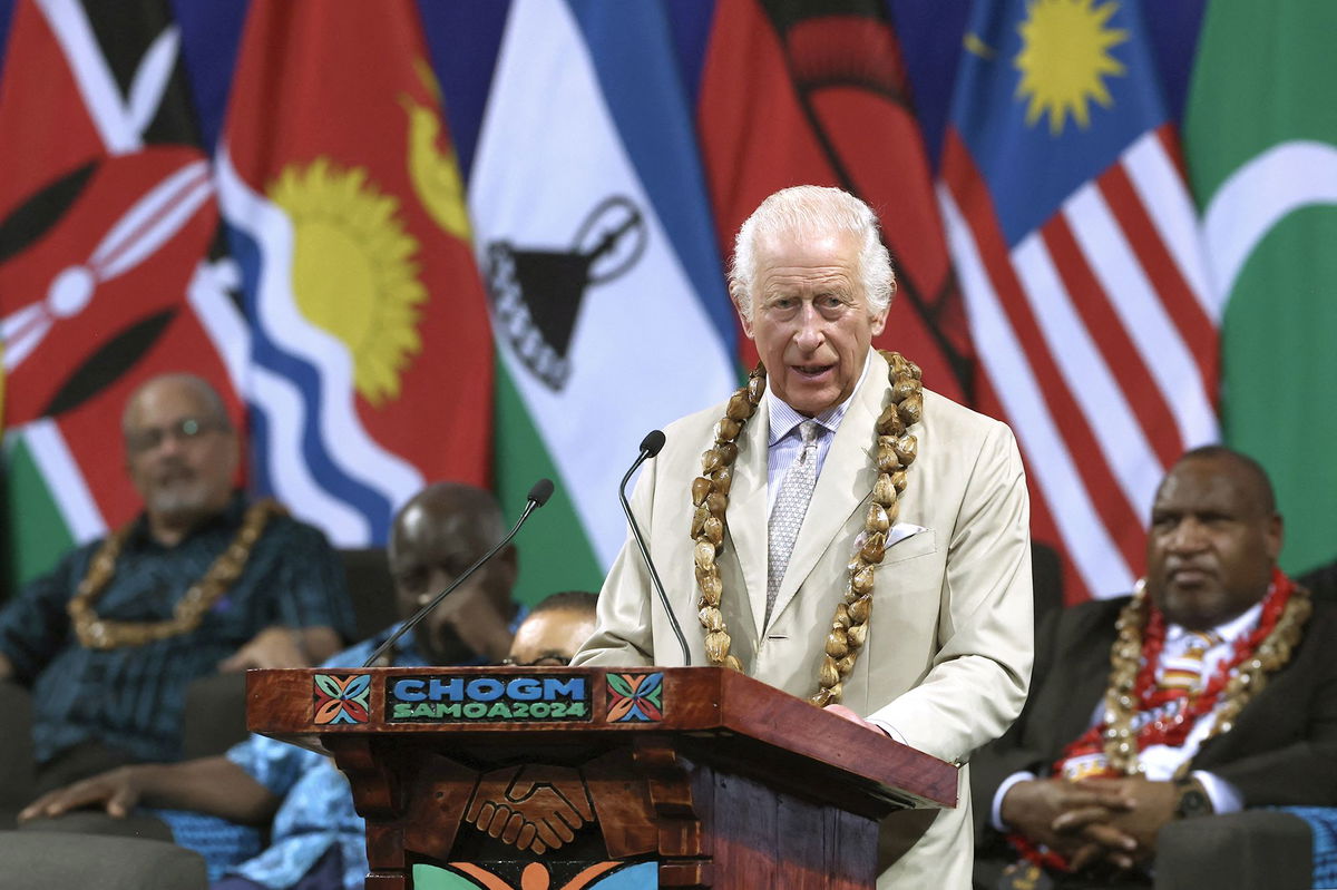 <i>Victoria Jones/Getty Images via CNN Newsource</i><br/>King Charles III formally opens The King's Garden on the grounds of the Robert Louis Stevenson Museum on October 25 in Apia