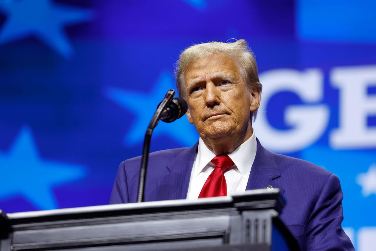 <i>Anna Moneymaker/Getty Images via CNN Newsource</i><br/>Republican presidential nominee former U.S. President Donald Trump speaks at a Turning Point PAC campaign rally at the Gas South Arena on October 23