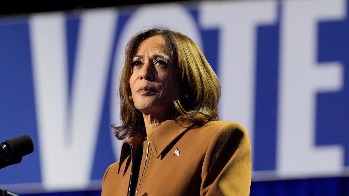 <i>Jacquelyn Martin/AP via CNN Newsource</i><br/>Vice President Kamala Harris speaks during a campaign rally at the Wings Event Center in Kalamazoo