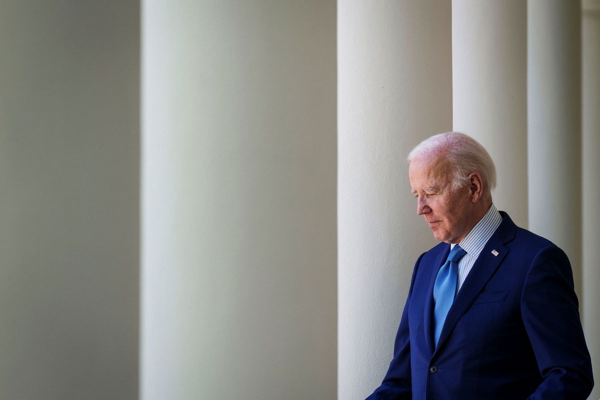 <i>Drew Angerer/Getty Images via CNN Newsource</i><br/>President Joe Biden arrives for an event in the Rose Garden of the White House April 21