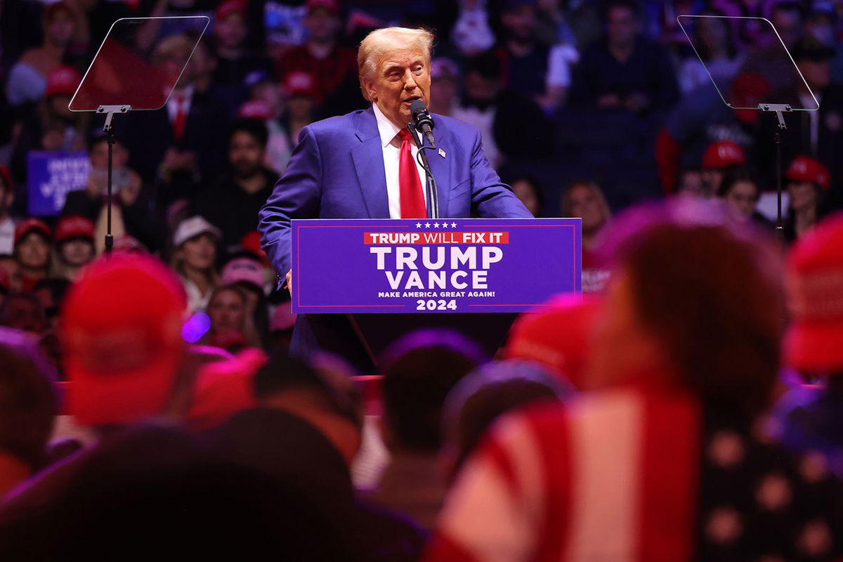 <i>Michael M. Santiago/Getty Images via CNN Newsource</i><br/>Former President Donald Trump speaks at a campaign rally at Madison Square Garden on October 27.