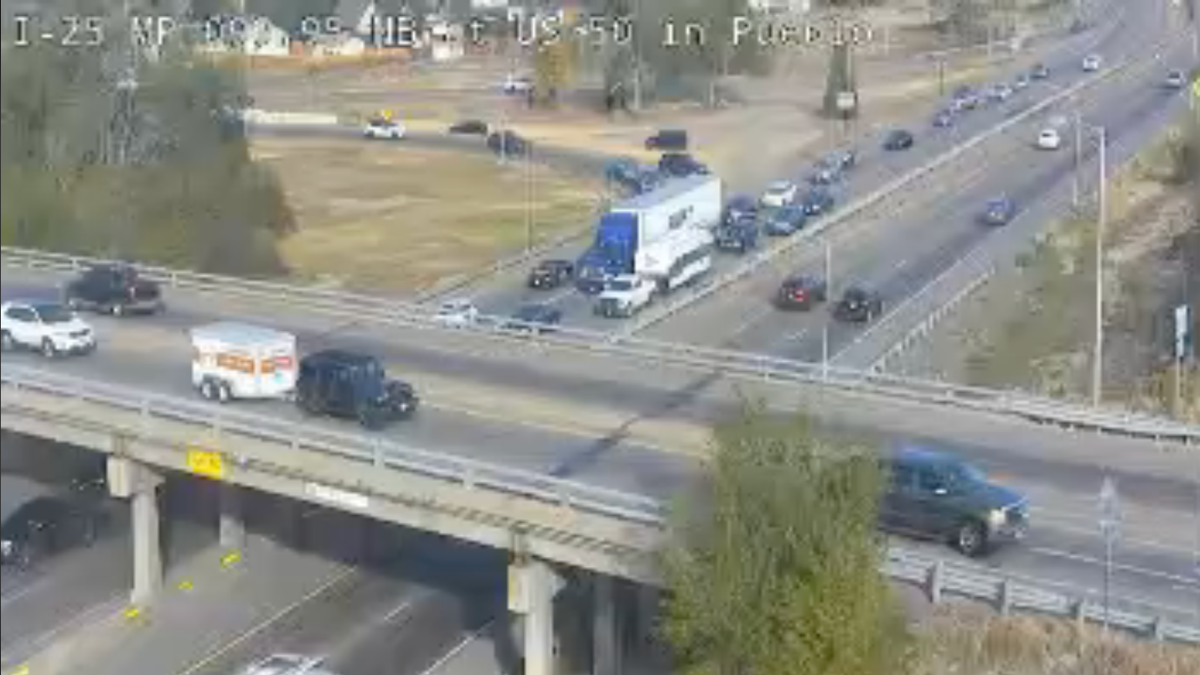 This pictures shows the traffic backup at 9:38 a.m., Nov. 2, 2024, behind a deadly accident that shut down parts of Southbound I-25 in Pueblo. 