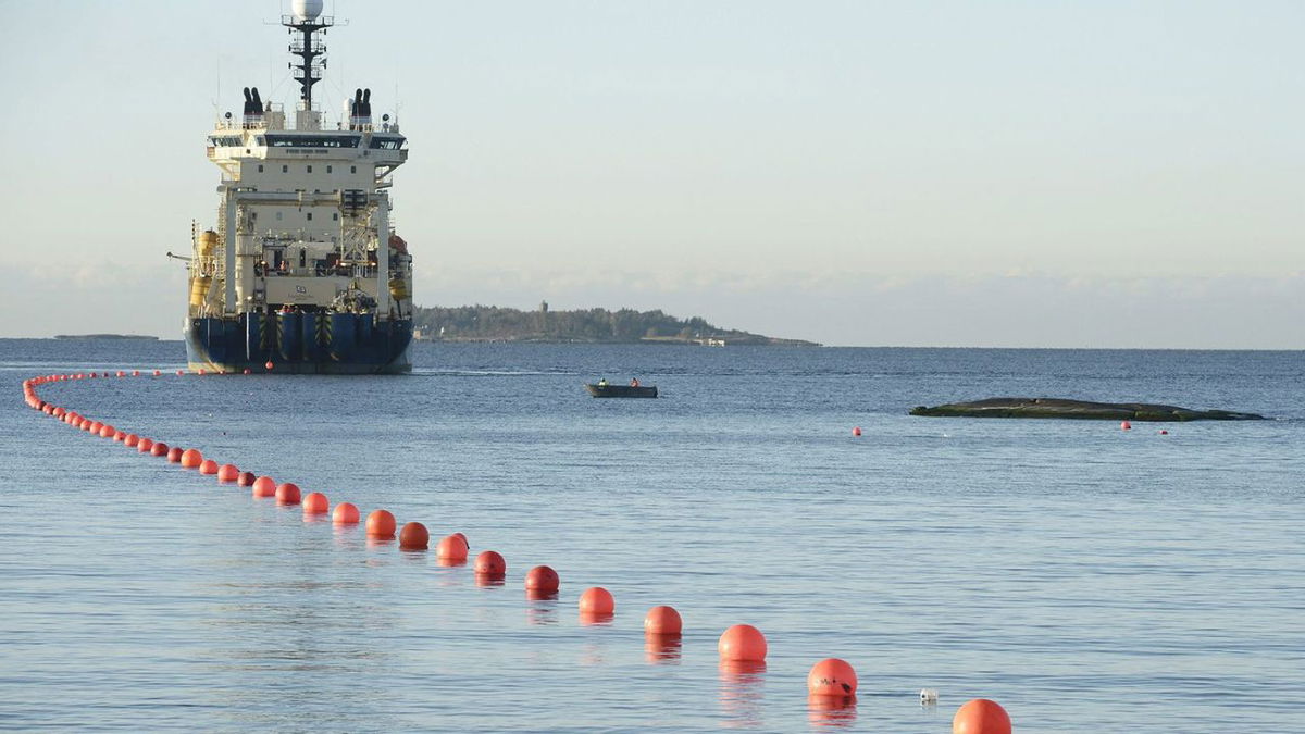 The C-Lion submarine telecommunications cable being laid to the bottom of the Baltic Sea off the shore of Helsinki, Finland, on October 12, 2015.
