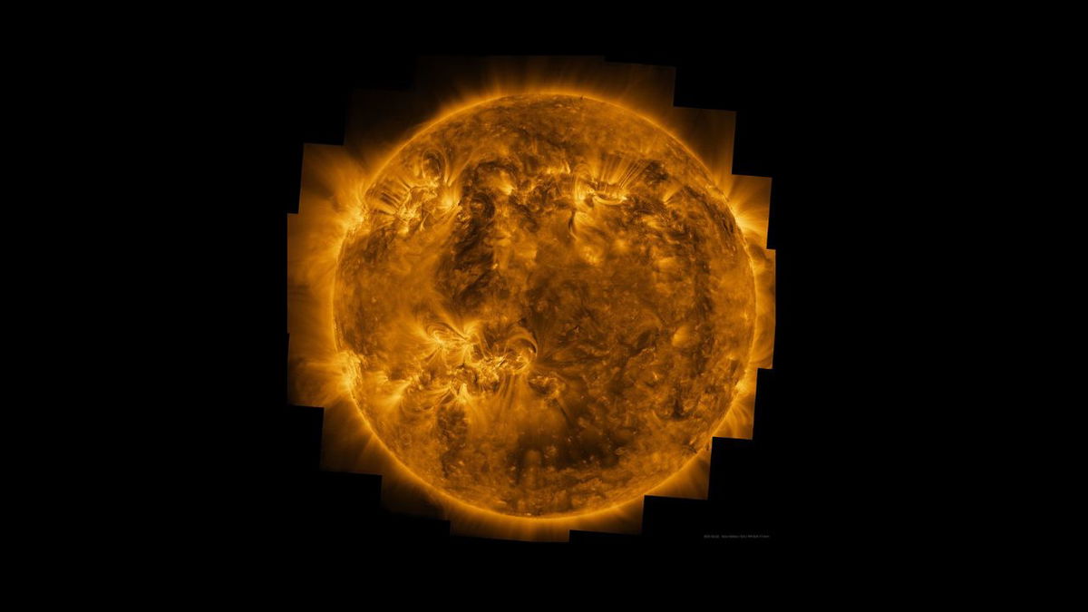 A high-resolution image shows the sun and its corona in UV light as observed by the Extreme Ultraviolet Imager.
