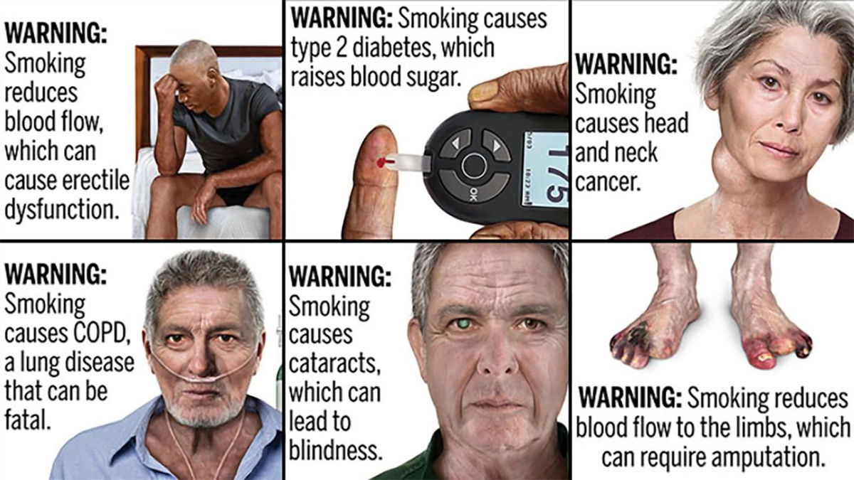 Examples of graphic public health warnings for cigarette packs, from the FDA.
