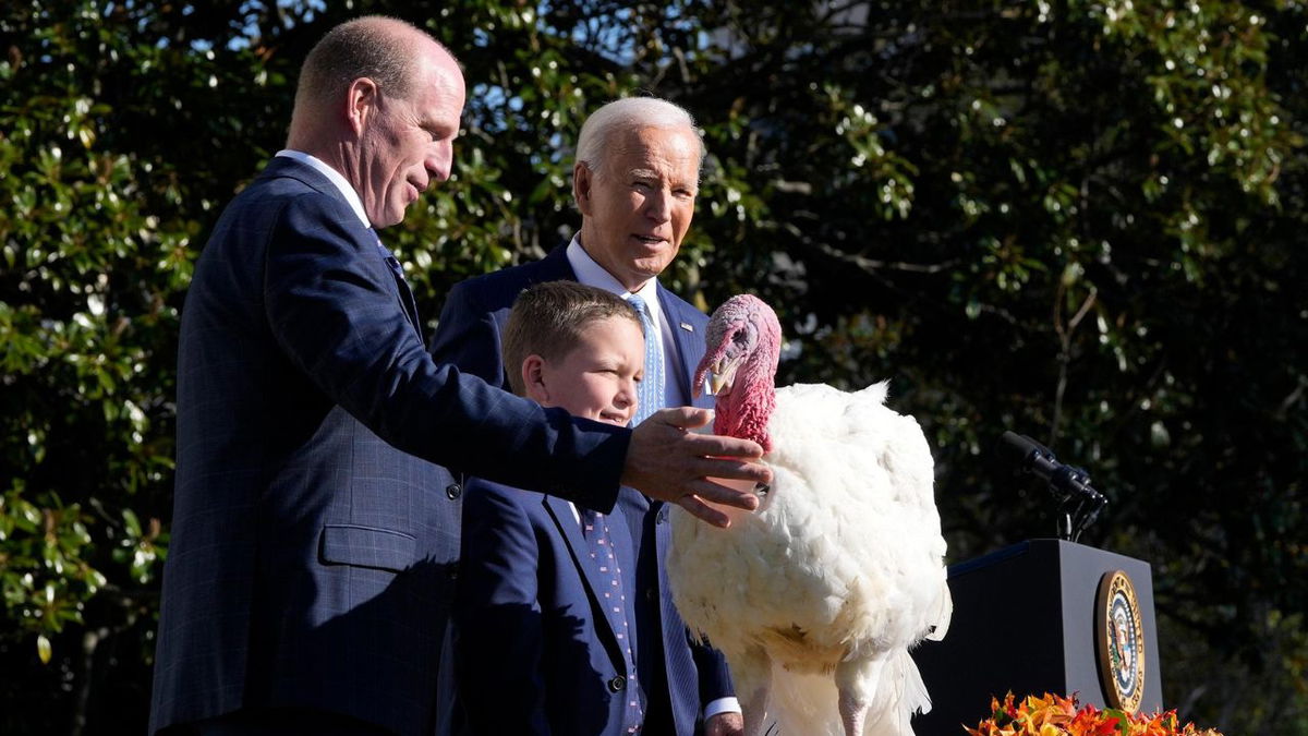 President Joe Biden is pictured after pardoning the national Thanksgiving turkey Peach during a ceremony on the South Lawn of the White House in Washington, DC, on November 25.
