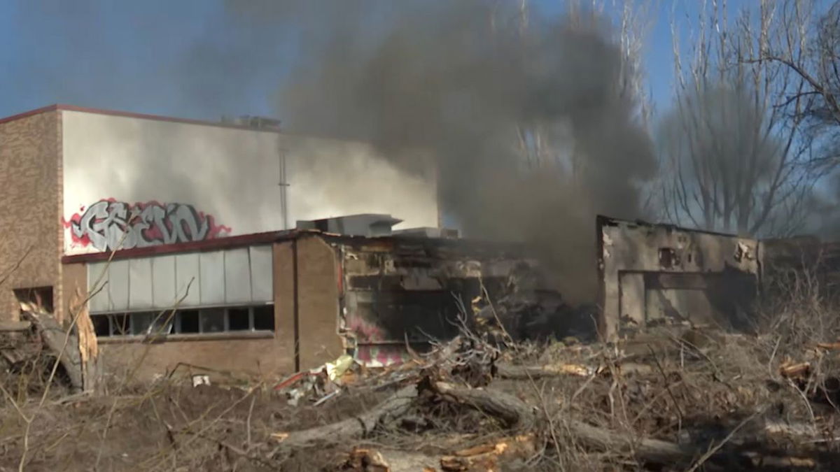 The burning school building