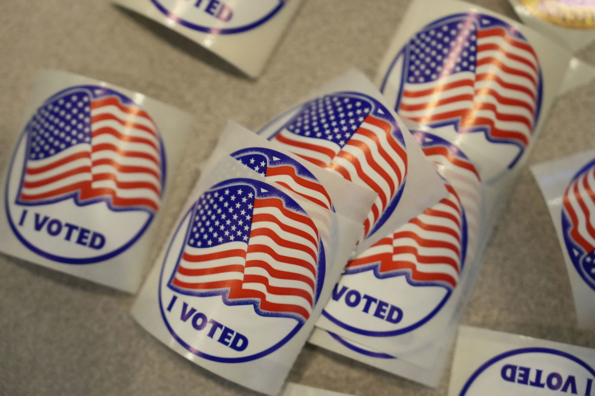 <i>Matt Slocum/AP via CNN Newsource</i><br/>Stickers are seen at a Voter Services satellite office at the Chester County Government Services Center ahead of the 2024 General Election in the United States