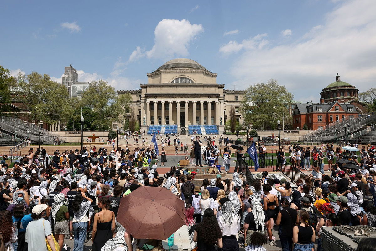 <i>Caitlin Ochs/Reuters via CNN Newsource</i><br/>Students gather for a rally in support of a protest encampment on campus in support of Palestinians in New York City on April 29.