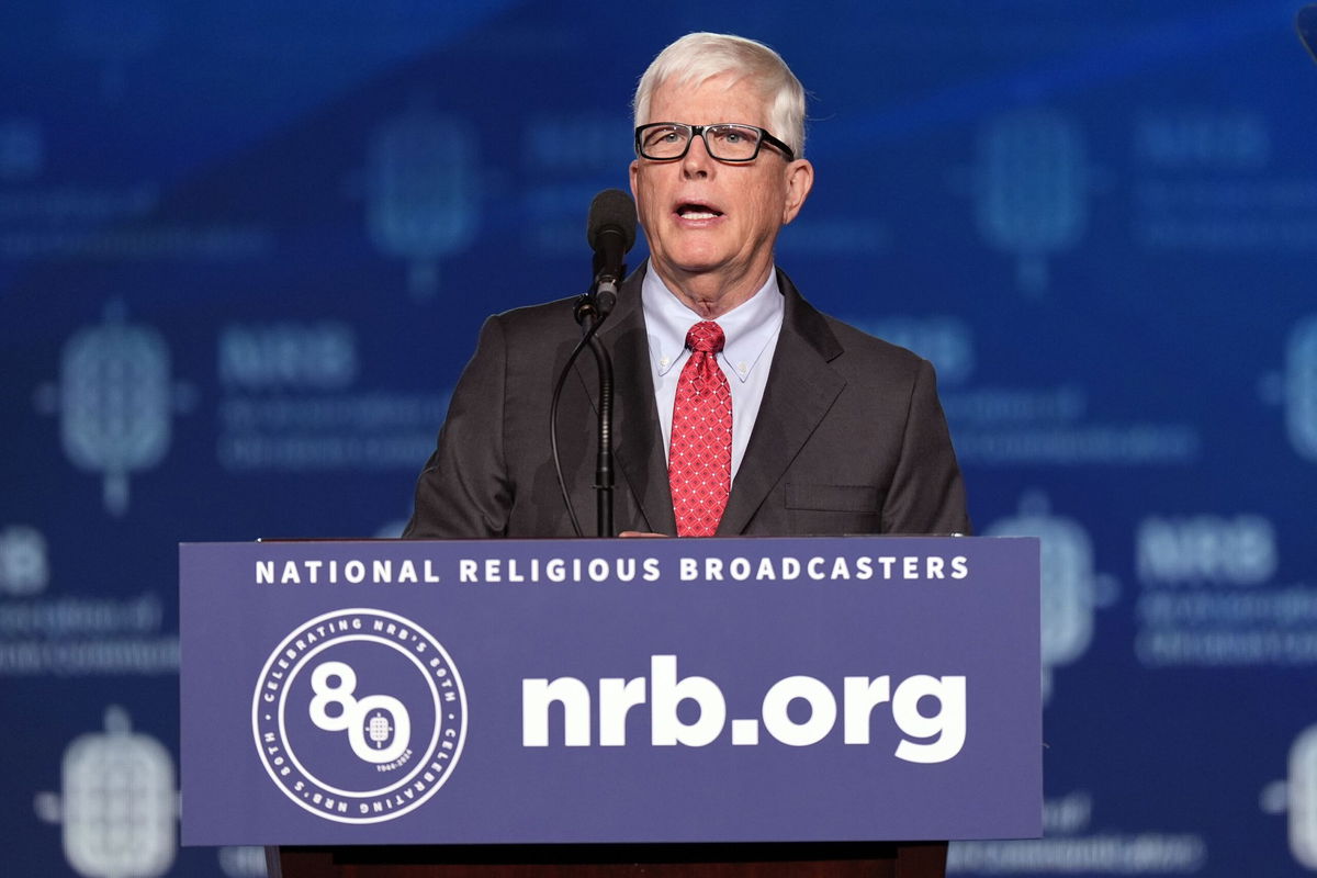 <i>George Walker IV/AP/File via CNN Newsource</i><br/>Hugh Hewitt speaks before former President Donald Trump at the National Religious Broadcasters convention on Feb. 22