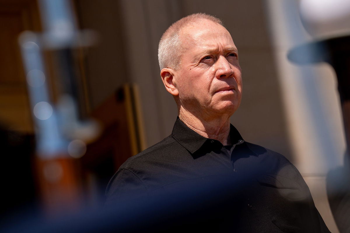 <i>Andrew Harnik/Getty Images via CNN Newsource</i><br/>Israeli Defense Minister Yoav Gallant stand during an honor cordon at the Pentagon on June 25