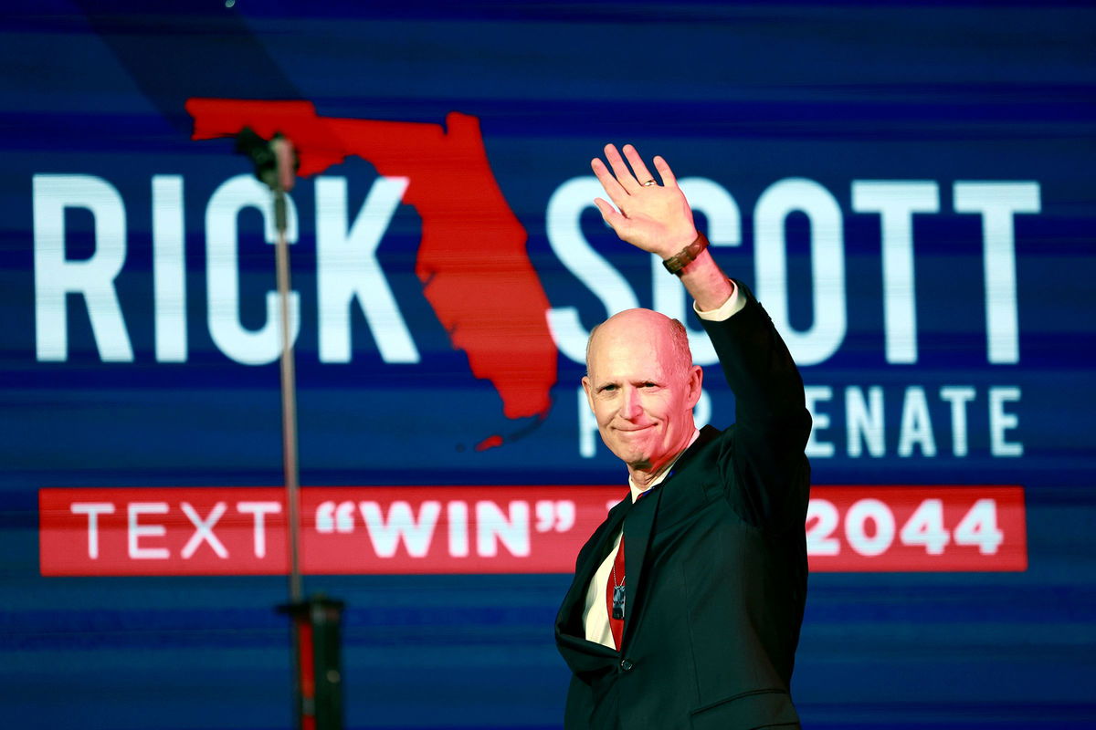 <i>Joe Raedle/Getty Images via CNN Newsource</i><br/>Sen. Rick Scott speaks during the Florida Freedom Summit at the Gaylord Palms Resort in November 2023 in Kissimmee