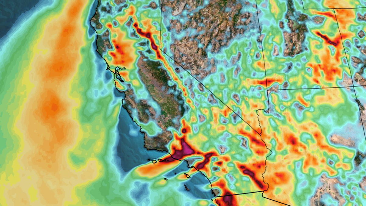 <i>CNN Weather via CNN Newsource</i><br/>Strong wind gusts (yellows