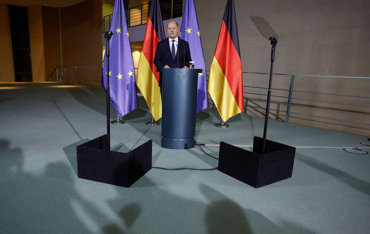 <i>Odd Andersen/AFP/Getty Images via CNN Newsource</i><br/>German Chancellor Olaf Scholz addresses a press conference at the Chancellery in Berlin on November 6