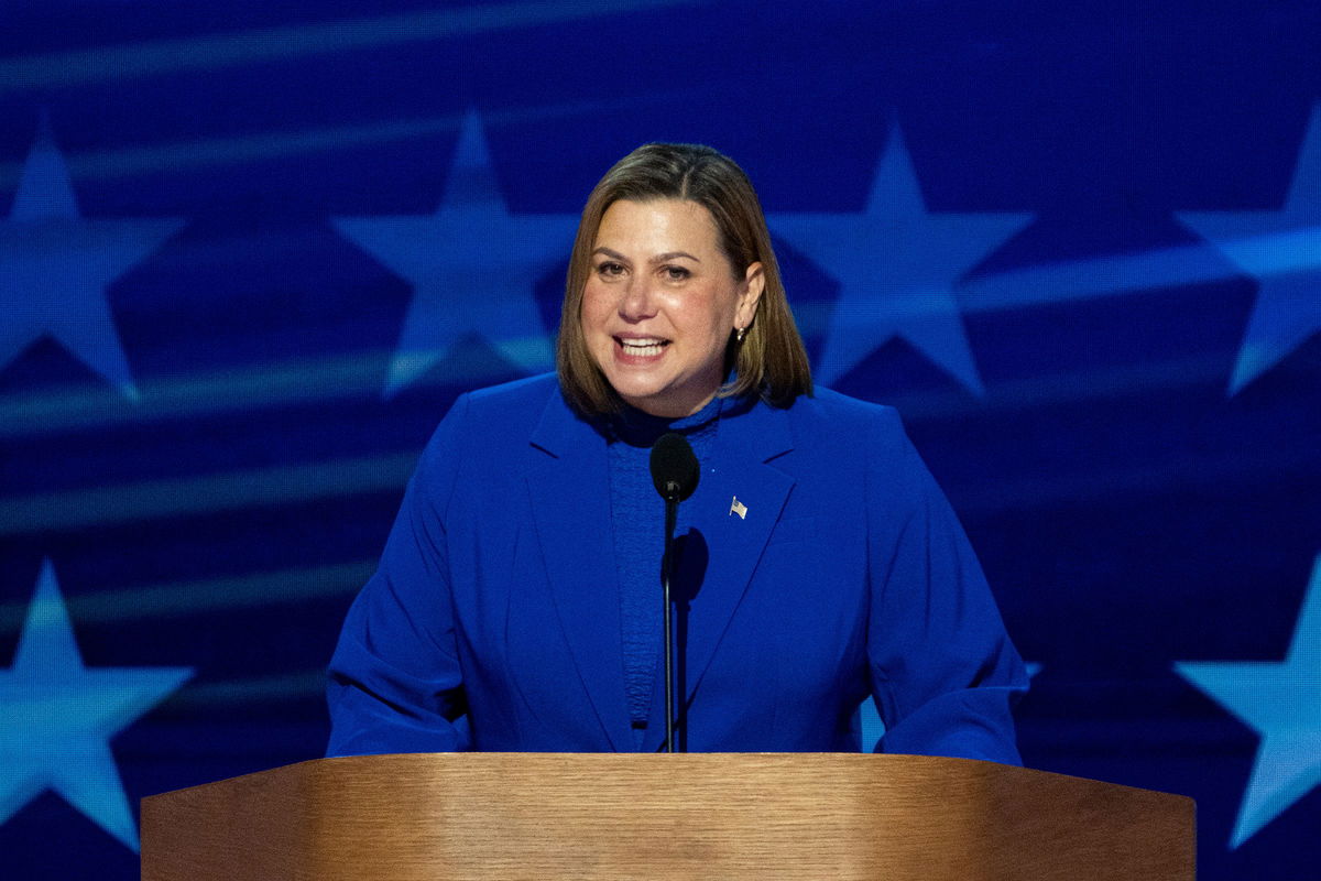 <i>Bill Clark/CQ Roll Call/AP via CNN Newsource</i><br/>Rep. Elissa Slotkin speaks during the final night of the 2024 Democratic National Convention in Chicago on August 22.