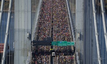 New York City Marathon runners cross the Verrazzano-Narrows Bridge on November 3.