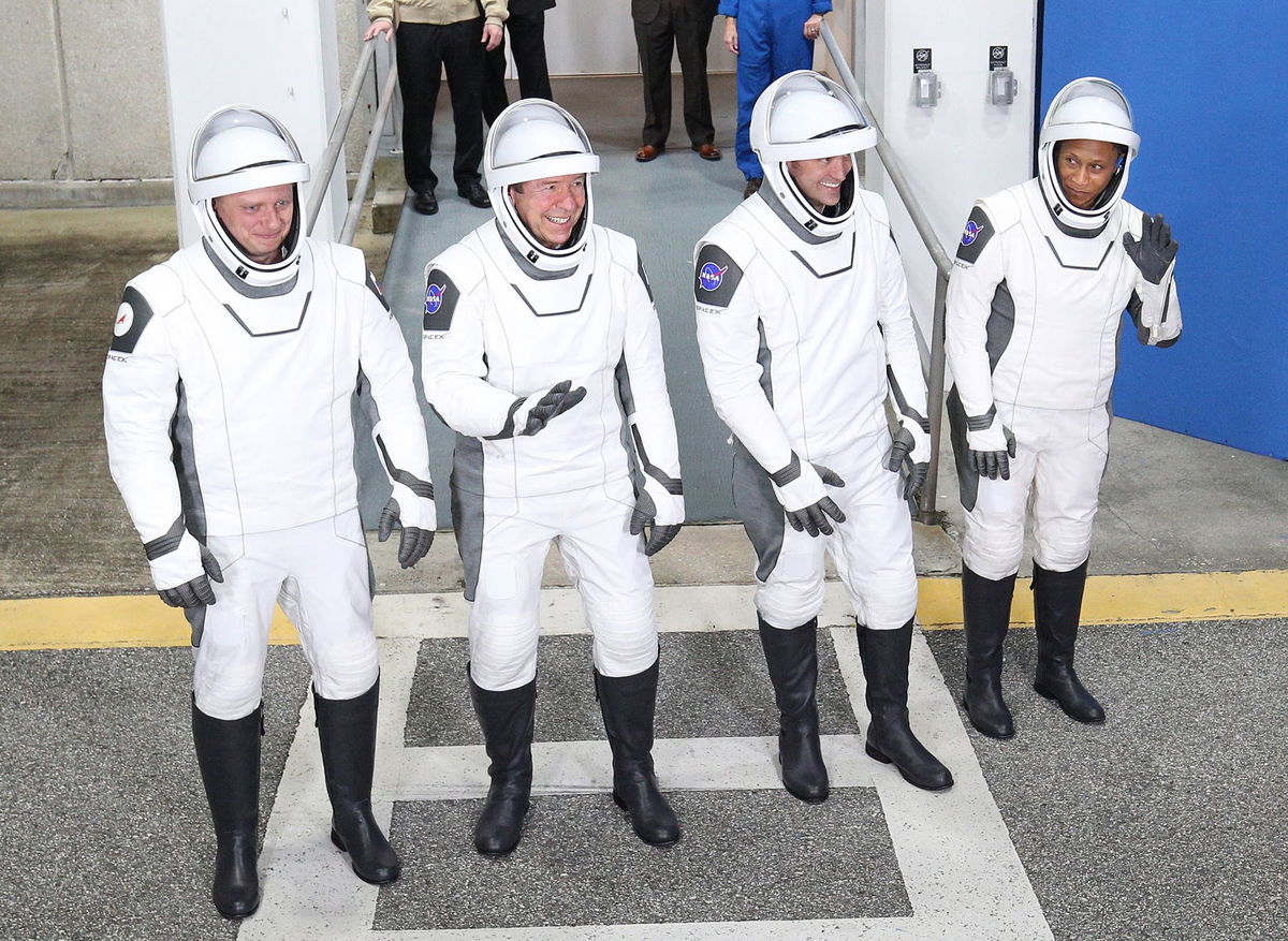 <i>Gregg Newton/AFP/Getty Images via CNN Newsource</i><br/>The Crew-8 astronauts are seen before heading to the launchpad on March 3. The group includes (from left) Roscosmos cosmonaut Alexander Grebenkin and NASA astronauts Michael Barratt