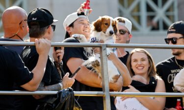 Shohei Ohtani celebrates on the bus with his dog Decoy during the Dodgers' victory parade.