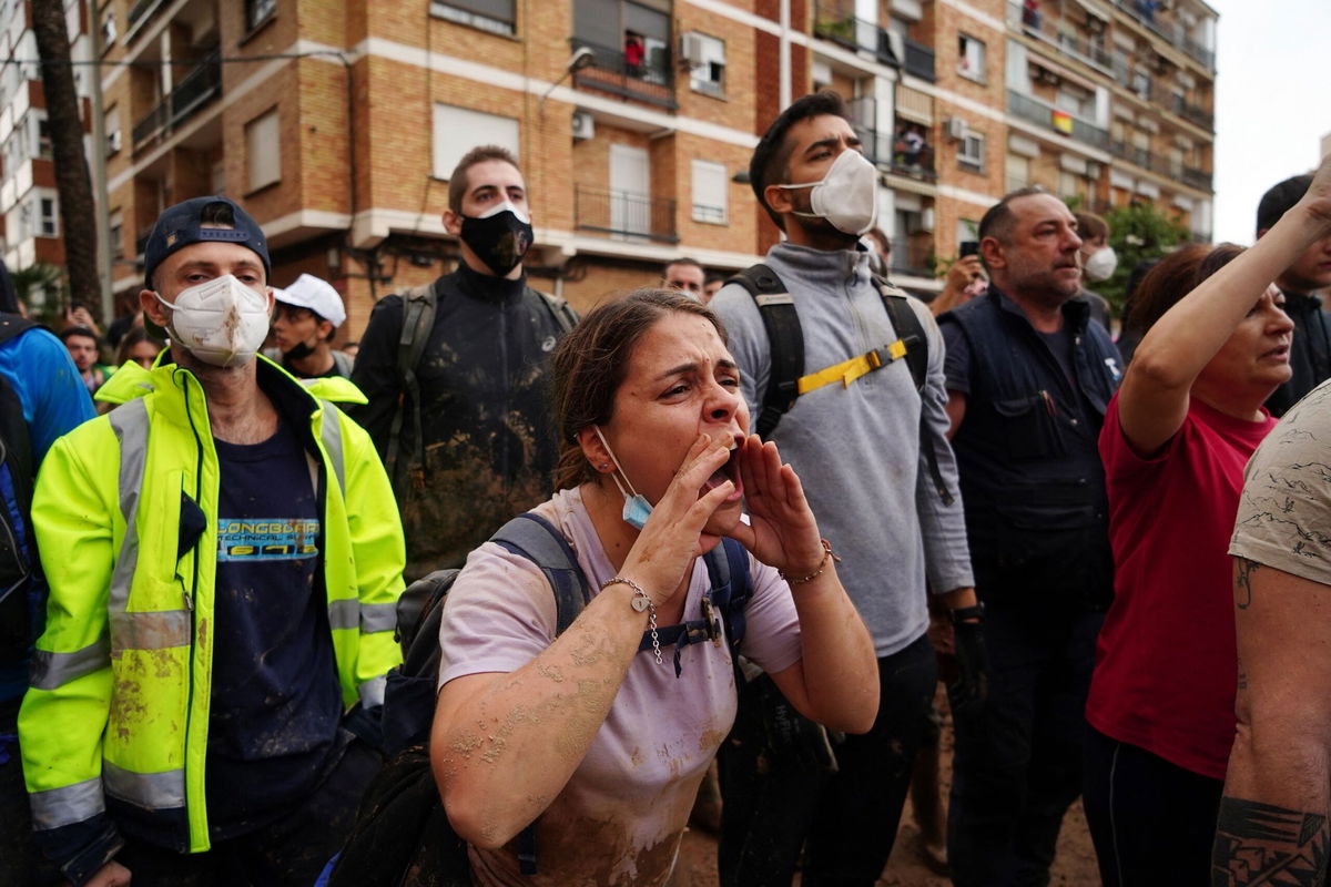 <i>Manaure Quintero/AFP/Getty Images via CNN Newsource</i><br/>King Felipe is heckled by angry residents during his visit to the Valencia region on Sunday.