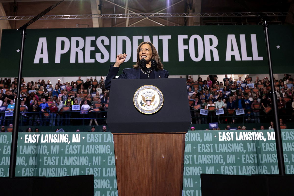 <i>Jeff Kowalsky/AFP/Getty Images via CNN Newsource</i><br/>Vice President Kamala Harris speaks during a campaign rally in East Lansing