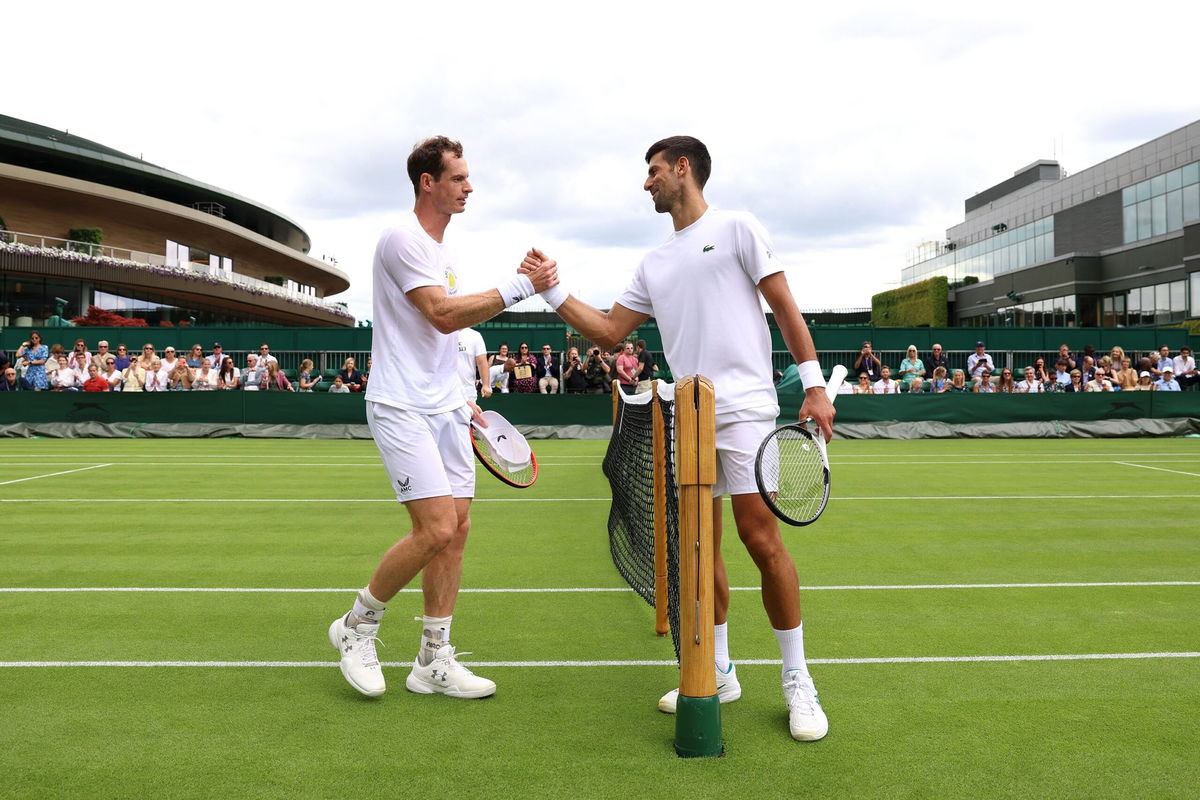 <i>Clive Brunskill/Getty Images/File via CNN Newsource</i><br/>Andy Murray and Novak Djokovic shake hands after a practice session at Wimbledon in 2023.