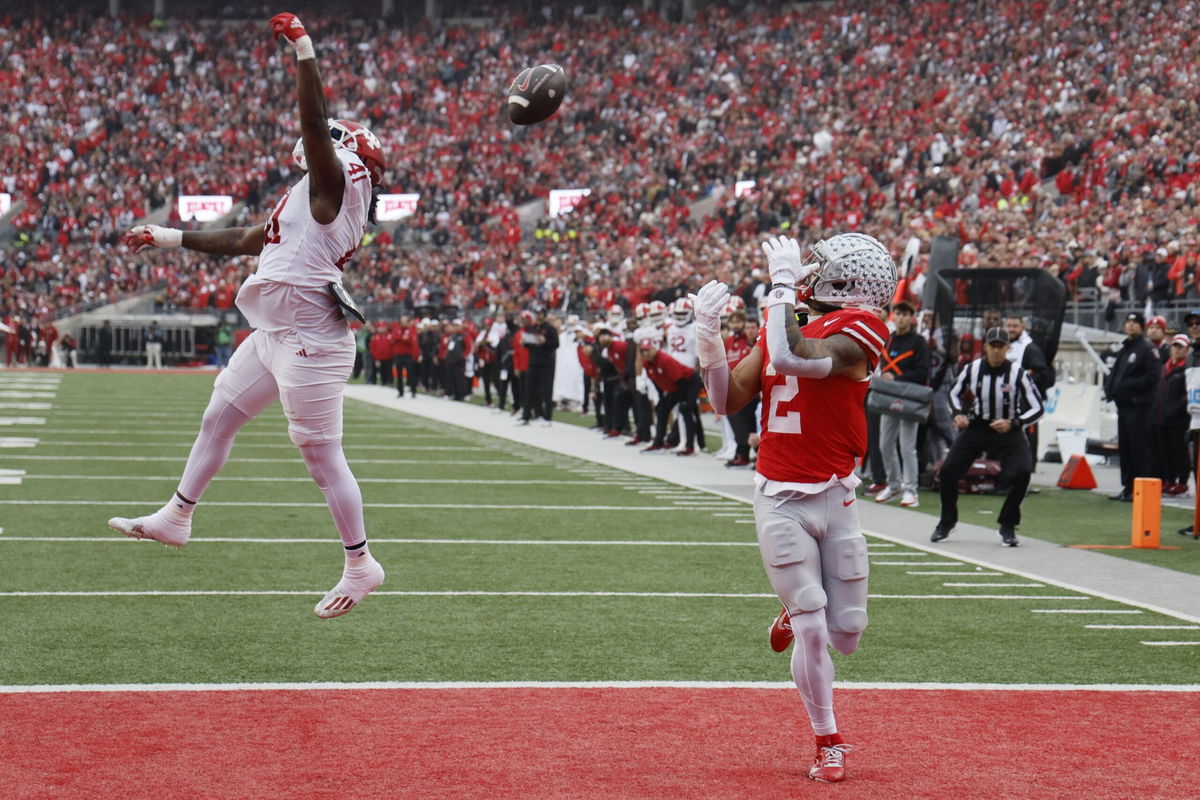 <i>Jay LaPrete/AP via CNN Newsource</i><br/>Ohio State receiver Emeka Egbuka catches 11-yard touchdown pass from quarterback Will Howard.