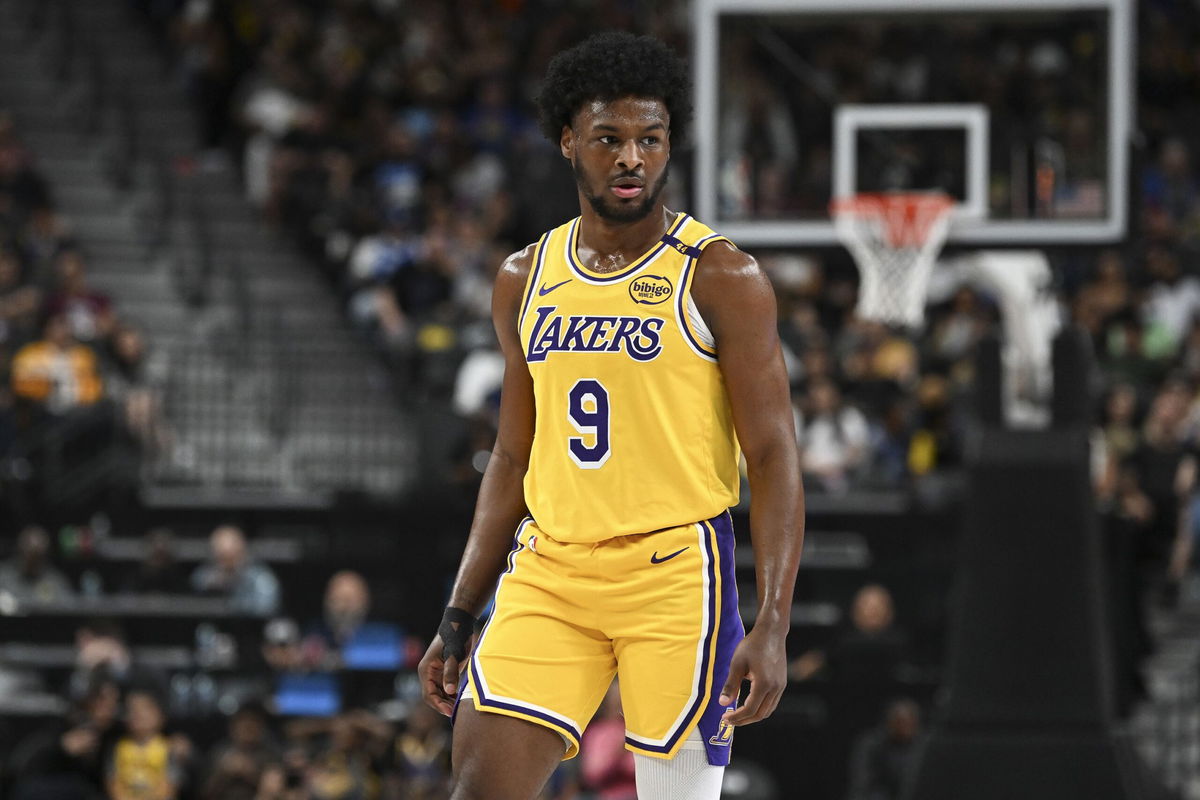 <i>Candice Ward/USA TODAY Sports/Reuters via CNN Newsource</i><br/>Bronny James (9) looks on against the Golden State Warriors during a preseason game on October 15